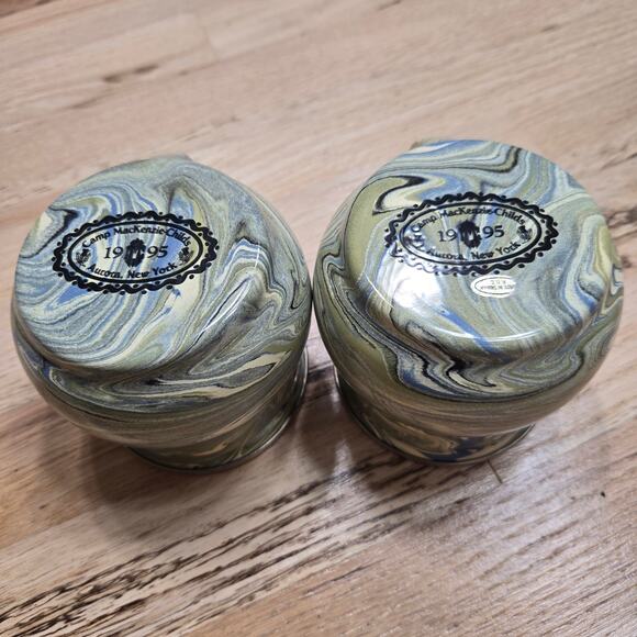 Mackenzie Childs Enamelware Blue Green Gold Dipped Paint Swirl Metal Mug - Picture 7 of 10